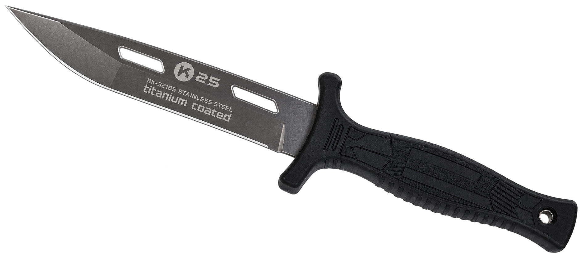K25 – Couteau de botte. Revêtu noir. Lame 12.8 cm