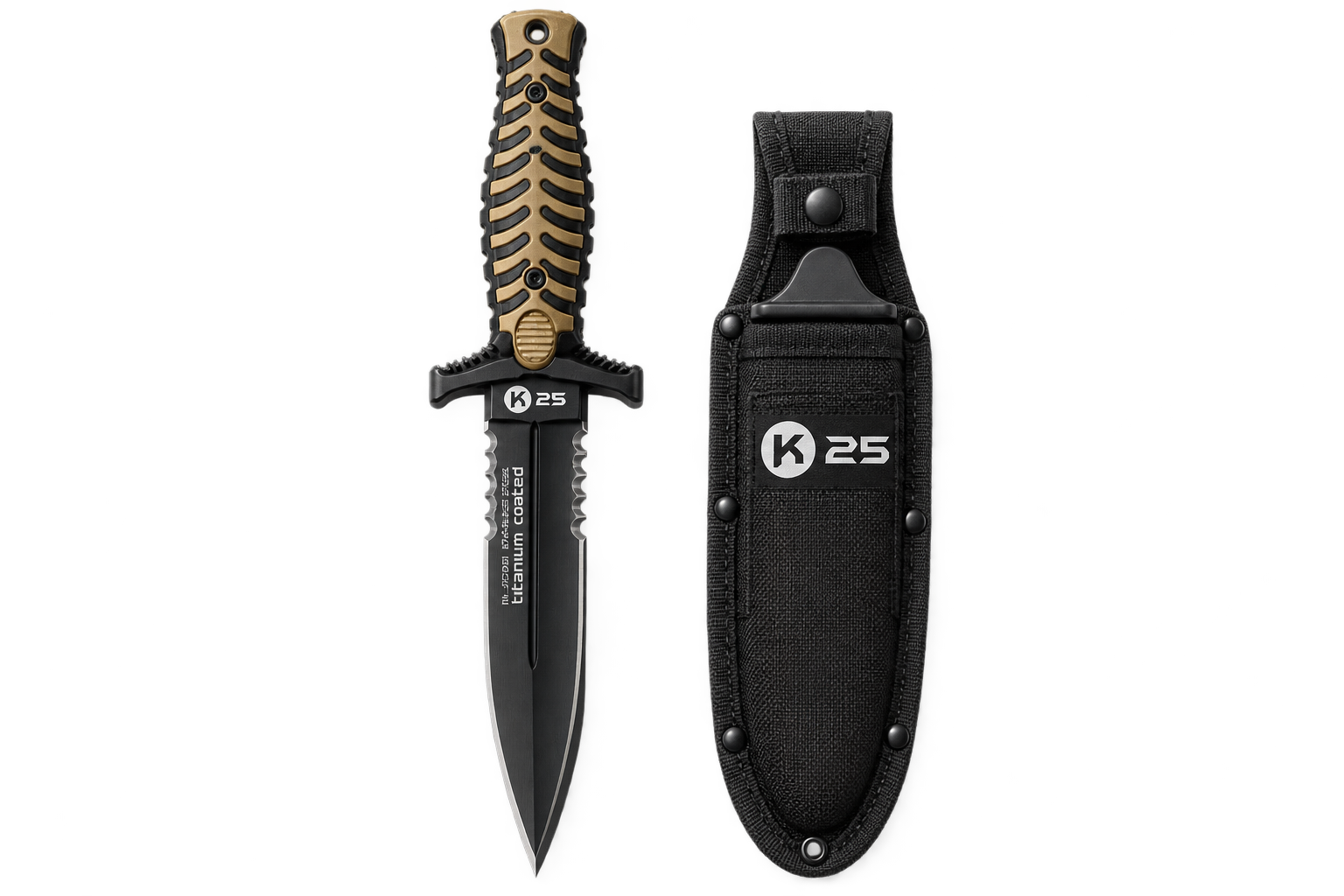 K25 – Couteau de botte. Revêtu en titane. Lame 12.5 cm
